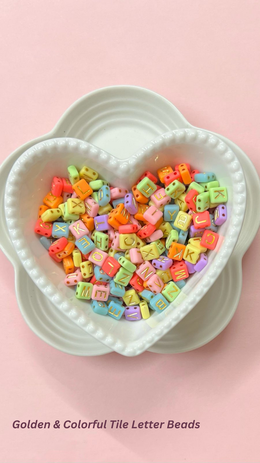 Pastel & Golden Flat Tile Alphabet Beads