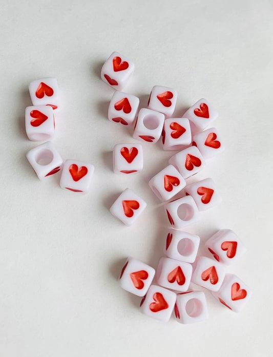 White & Red Heart Acrylic Spacer Beads Square