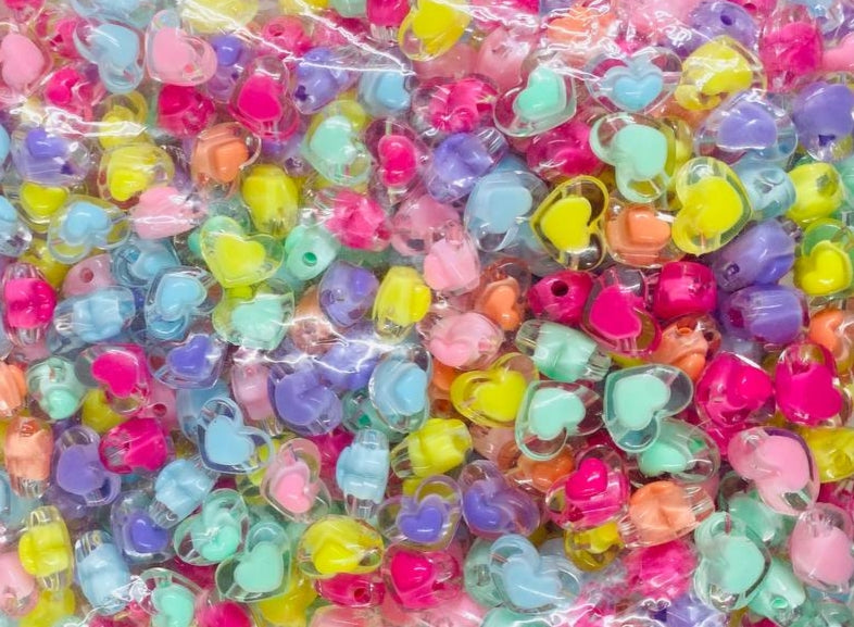 Pastel Heart Beads -  Pastel Shiny Acrylic Heart Beads with Inner Bead