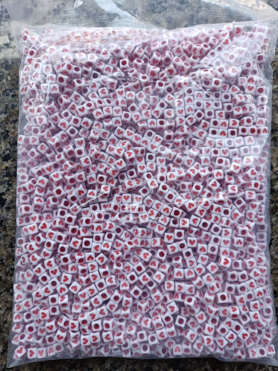 White & Red Heart Acrylic Spacer Beads Square