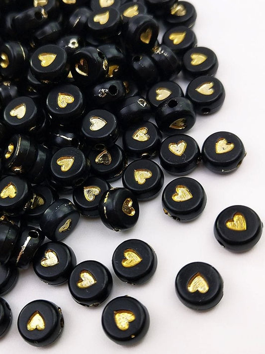 Black & Gold Acrylic Heart Beads- 7mm