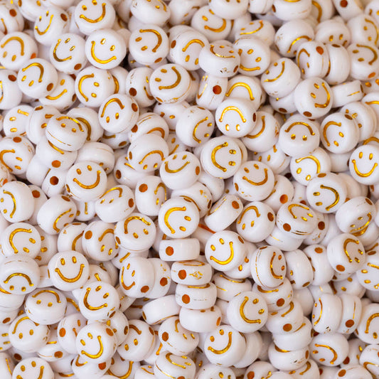 Acrylic White & Gold Smiley Beads